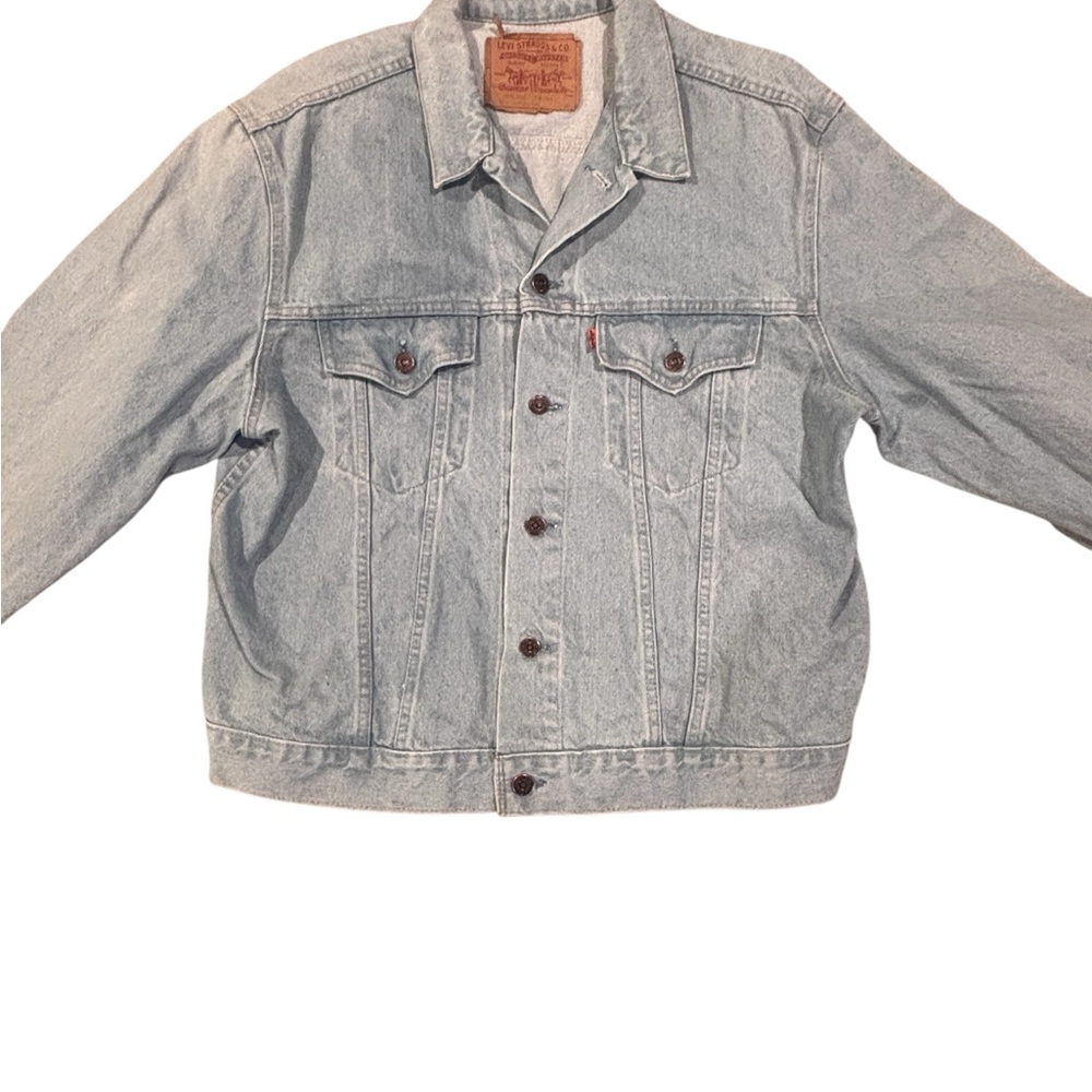 Vintage Levi’s Orange Tab Denim Trucker Jacket Light Wash Leather Patch 80s 90s